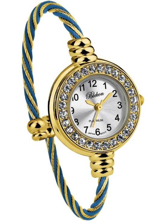 Women\'s Gold And Blue Analog Cable Cuff Arabic Numbers Rhinestone Bracelet Watch main image 7